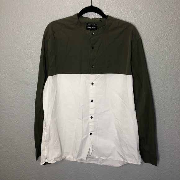 Kenneth Cole New York Green and White Color Block Long Sleeve Button Down Shirt - Picture 1 of 8